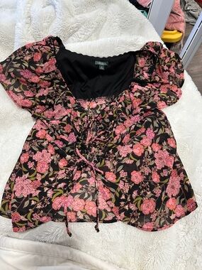 wild fable Black Floral Tie-Front Puff Sleeve Top